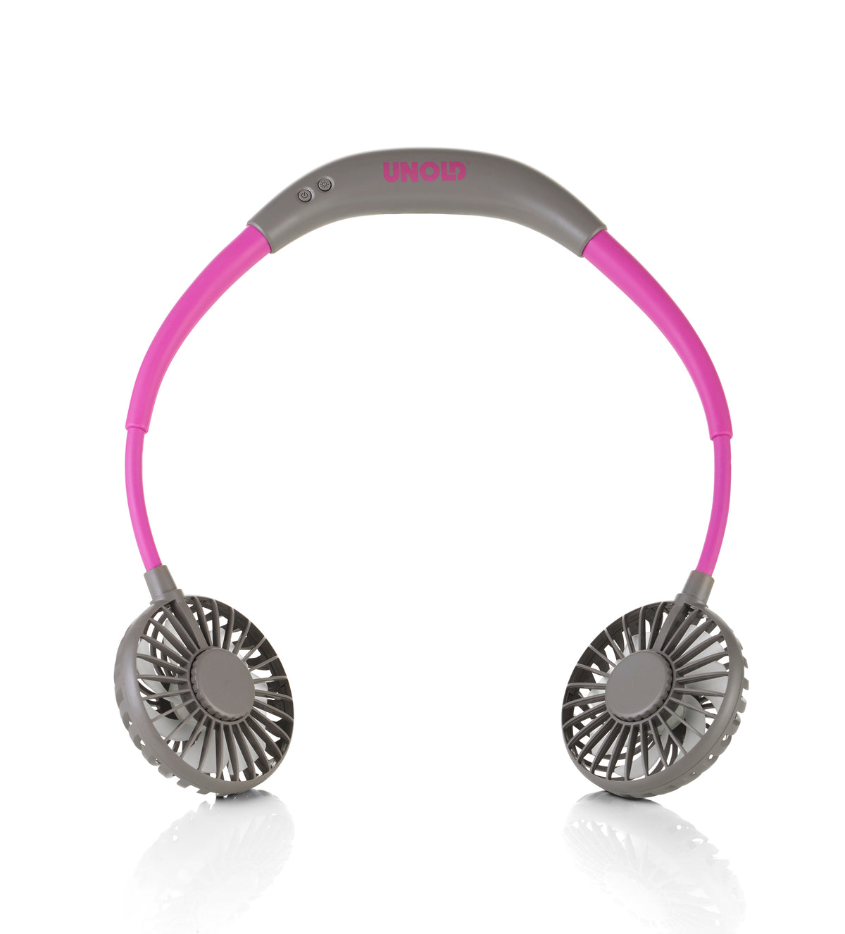 Ein tragbarer Nackenventilator mit einem flexiblen Band in Grau und Rosa und zwei kleinen grauen Ventilatoreinheiten an jedem Ende, konzipiert für die freihändige persönliche Kühlung.