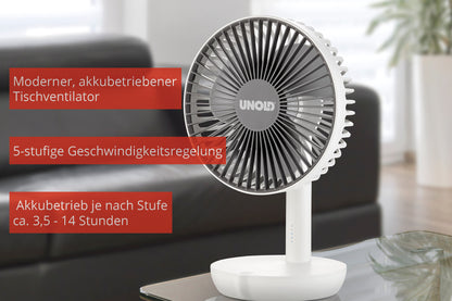Der Unold TISCHVENTILATOR BREEZY, ein moderner batteriebetriebener Tischventilator mit rundem Gitter und weißem Standfuß, steht auf einem Glastisch. Rote deutsche Textfelder zeigen Geschwindigkeitsstufen und Akkulaufzeit an. Im Hintergrund sind ein Sofa und eine Pflanze verschwommen.