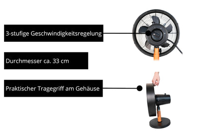 Der Unold Tischventilator Black Steel verfügt über ein elegantes Design in Schwarz und Holz, 3 Geschwindigkeitsstufen, einen Durchmesser von ca. 33 cm und einen praktischen Tragegriff, der durch eine Hand veranschaulicht wird, die den Ventilator anhebt.