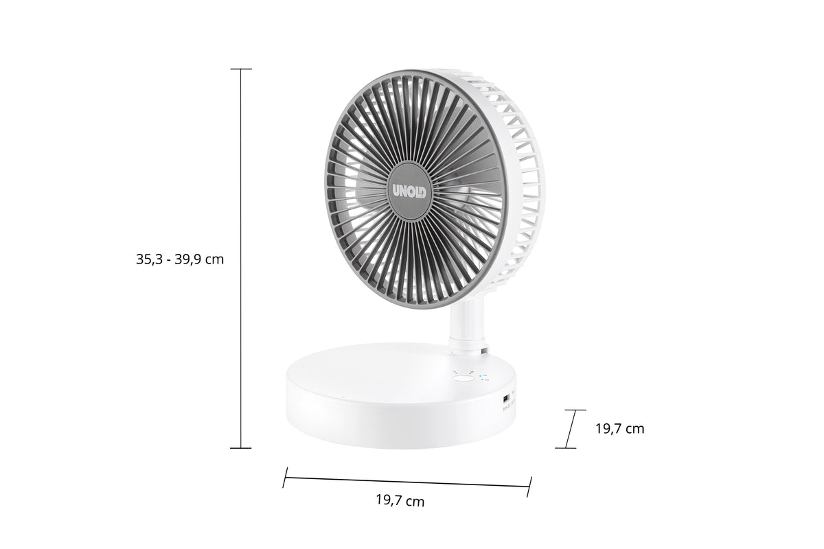 Der Unold TELESKOP-VENTI CORDLESS ist ein weißer, runder Tischventilator mit grauen Flügeln und kreisförmigem Standfuß. Maße: Höhe 35,3–39,9 cm, Standfußbreite 19,7 cm und Tiefe 19,7 cm.
