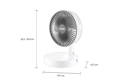 Der Unold TELESKOP-VENTI CORDLESS ist ein weißer, runder Tischventilator mit grauen Flügeln und kreisförmigem Standfuß. Maße: Höhe 35,3–39,9 cm, Standfußbreite 19,7 cm und Tiefe 19,7 cm.