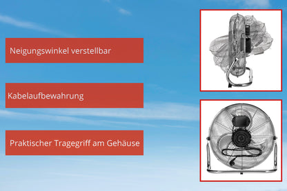 Rechts sind zwei Fotos des Metallventilators Unold WINDMASCHINE SPEED zu sehen. Sie zeigen die verstellbare Neigung, die Kabelaufwicklung und den Tragegriff. Im Hintergrund ist ein blauer Himmel mit Wolken zu sehen. Deutsche Textfelder beschreiben die einzelnen Funktionen.