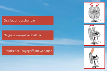 Der Unold TISCHVENTILATOR CHROME überzeugt mit drei Features – Oszillationssteuerung, einstellbarem Neigungswinkel und praktischem Tragegriff – und ist mit Bildern auf blauem Himmelshintergrund versehen.