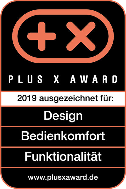 Plus X Award-Logo (Plus und X im Kreis). Unold TISCHVENTILATOR 3D B-Ware: 2019 ausgezeichnet für Design, Bedienkomfort, Funktionalität. Weitere Infos: www.plusxaward.de.