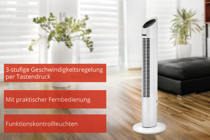 Der Unold TURMVENTILATOR TOWER, ein weißer Ventilator, steht in einem modernen Wohnzimmer mit großen Fenstern. Der deutsche Text hebt die 3-Stufen-Steuerung, die praktische Fernbedienung und die Funktionskontrollleuchten hervor.