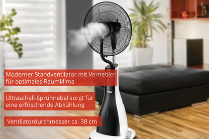 Der Unold STANDVENTILATOR NEBULA TOUCH DIGITAL, ein moderner schwarzer Standventilator mit Vernebelungsfunktion und 38 cm Durchmesser, arbeitet in einem hellen Wohnzimmer. Deutscher Text hebt seine optimale Klimaregulierung und den erfrischenden Ultraschallnebel hervor.