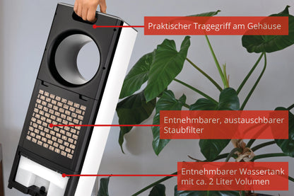 Der Unold AIR COOLER FRESH wird am integrierten Tragegriff gehalten. Die Beschriftung in deutscher Sprache weist auf einen praktischen Tragegriff, einen herausnehmbaren und austauschbaren Staubfilter sowie einen abnehmbaren 2-Liter-Wassertank hin.