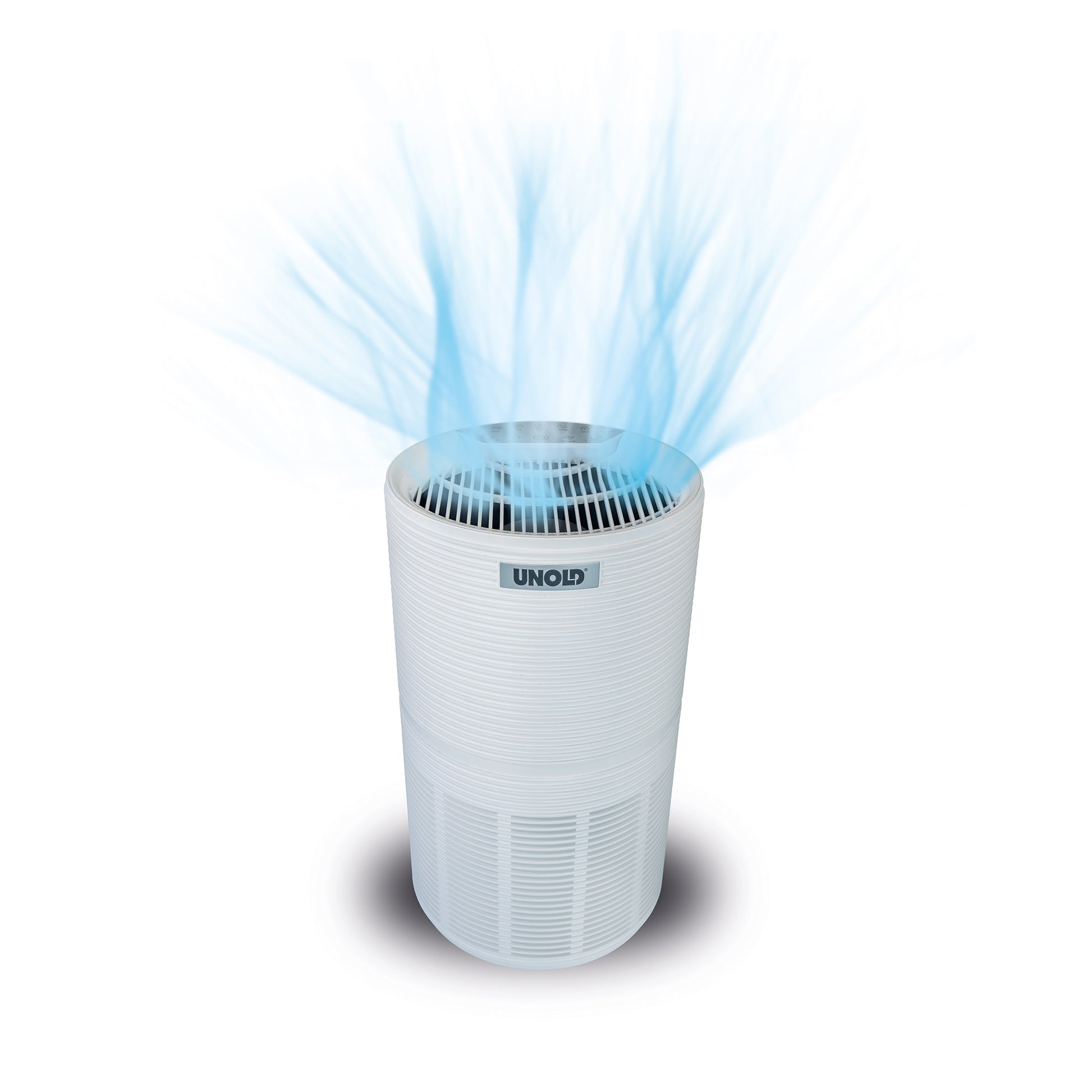 Ein weißer, zylindrischer Luftreiniger LUFTREINIGER ALPHA von Unold mit blauen Strömen, die saubere Luft symbolisieren und aus der oberen Entlüftung aufsteigen; das Gerät ist mit Unold beschriftet.