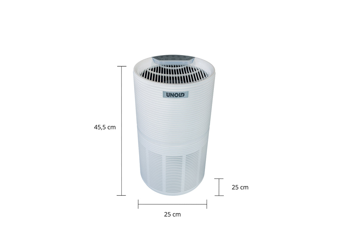 Vor einem weißen Hintergrund mit Maßlinien ist ein weißer zylindrischer Luftreiniger, der Unold LUFTREINIGER ALPHA, mit den Maßen 45,5 cm Höhe und 25 cm Breite und Tiefe abgebildet.