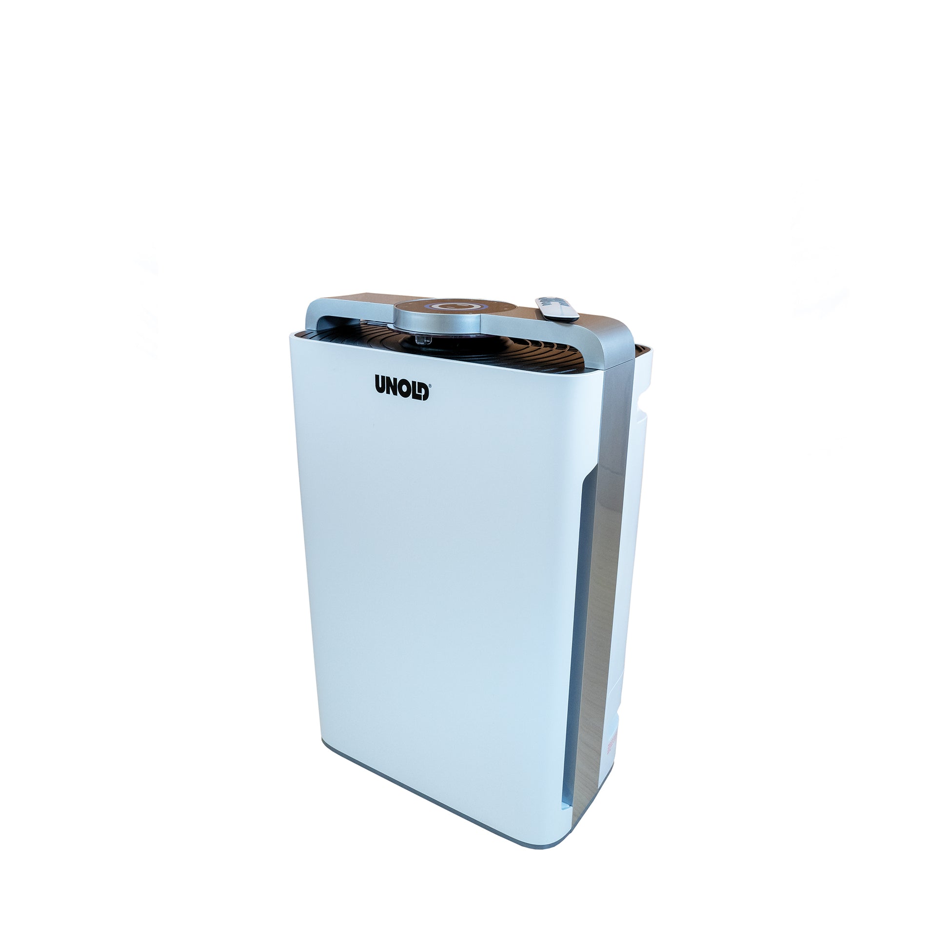 Ein weißer Unold Luftreiniger + Luftbefeuchter DELTA mit schlankem, rechteckigem Design und digitalem Bedienfeld wird vor einem schlichten weißen Hintergrund gezeigt.