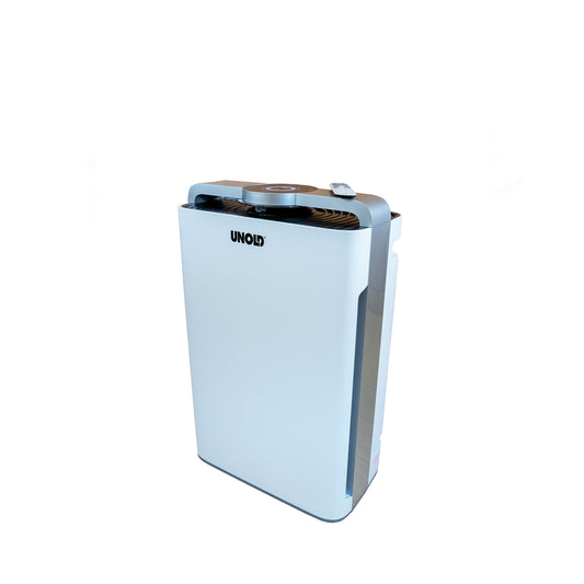 Ein weißer Unold Luftreiniger + Luftbefeuchter DELTA mit schlankem, rechteckigem Design und digitalem Bedienfeld wird vor einem schlichten weißen Hintergrund gezeigt.