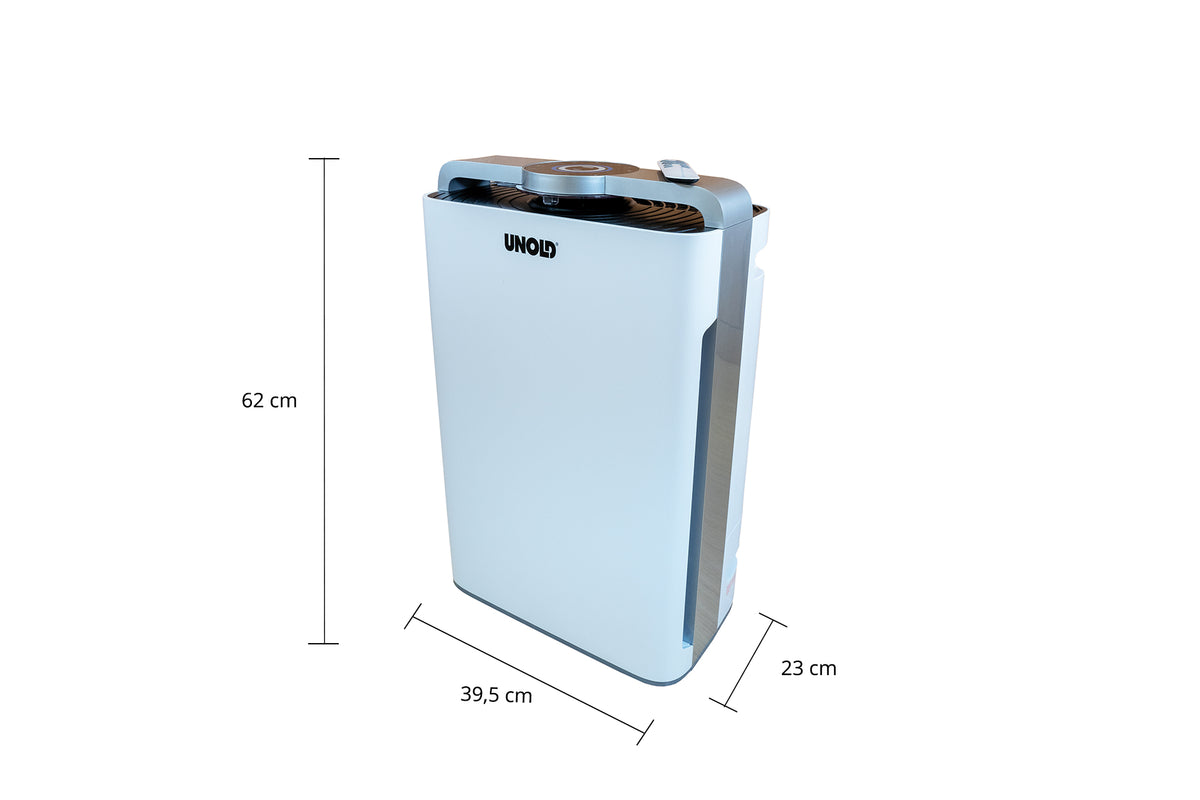 Der Unold Luftreiniger + Luftbefeuchter DELTA ist ein weißer Luftreiniger mit abgerundeten Kanten, aufrechtem Design und Bedientasten sowie einer Lüftungsöffnung an der Oberseite. Er ist 62 cm hoch, 39,5 cm breit und 23 cm tief.