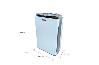 Der Unold Luftreiniger + Luftbefeuchter DELTA ist ein weißer Luftreiniger mit abgerundeten Kanten, aufrechtem Design und Bedientasten sowie einer Lüftungsöffnung an der Oberseite. Er ist 62 cm hoch, 39,5 cm breit und 23 cm tief.