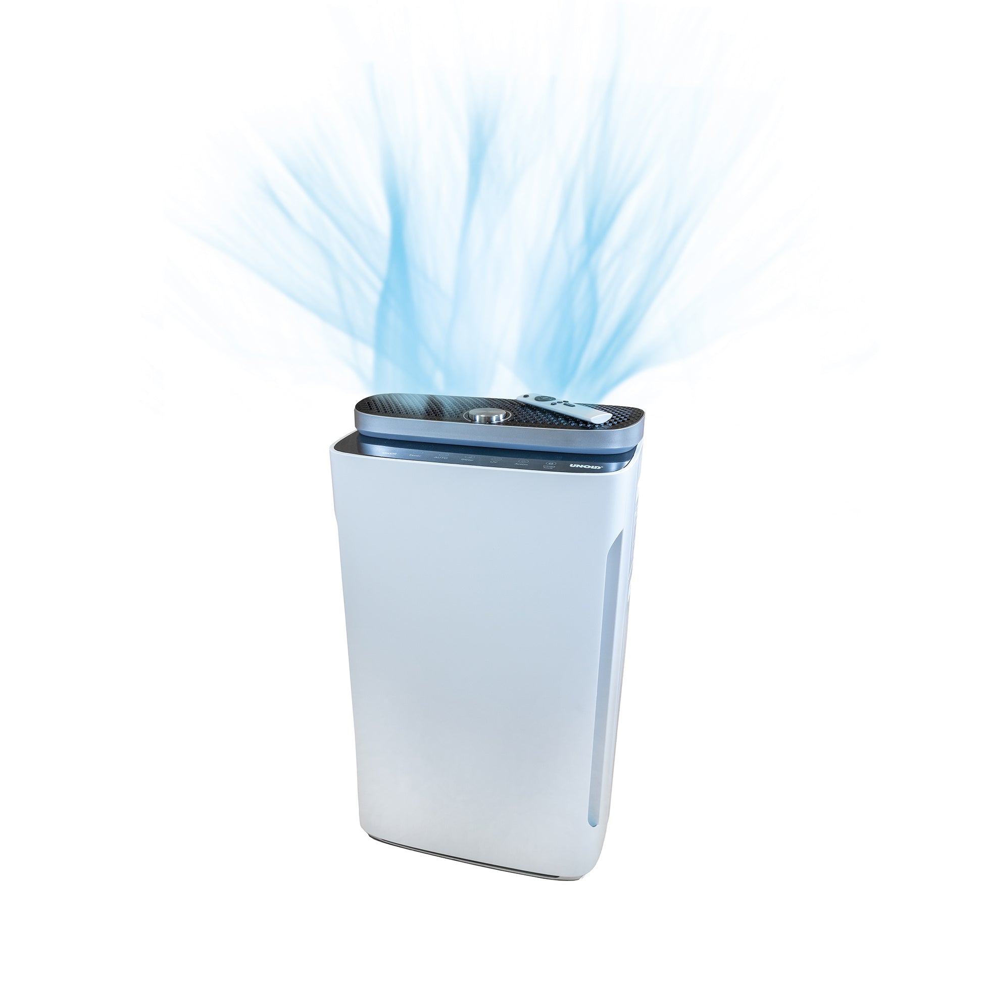 Der Unold Luftreiniger + Luftbefeuchter OMEGA strahlt gereinigte, blau gefärbte Luft von oben ab und bietet eine fortschrittliche Luftreinigung und -befeuchtung für eine frischere Umgebung.