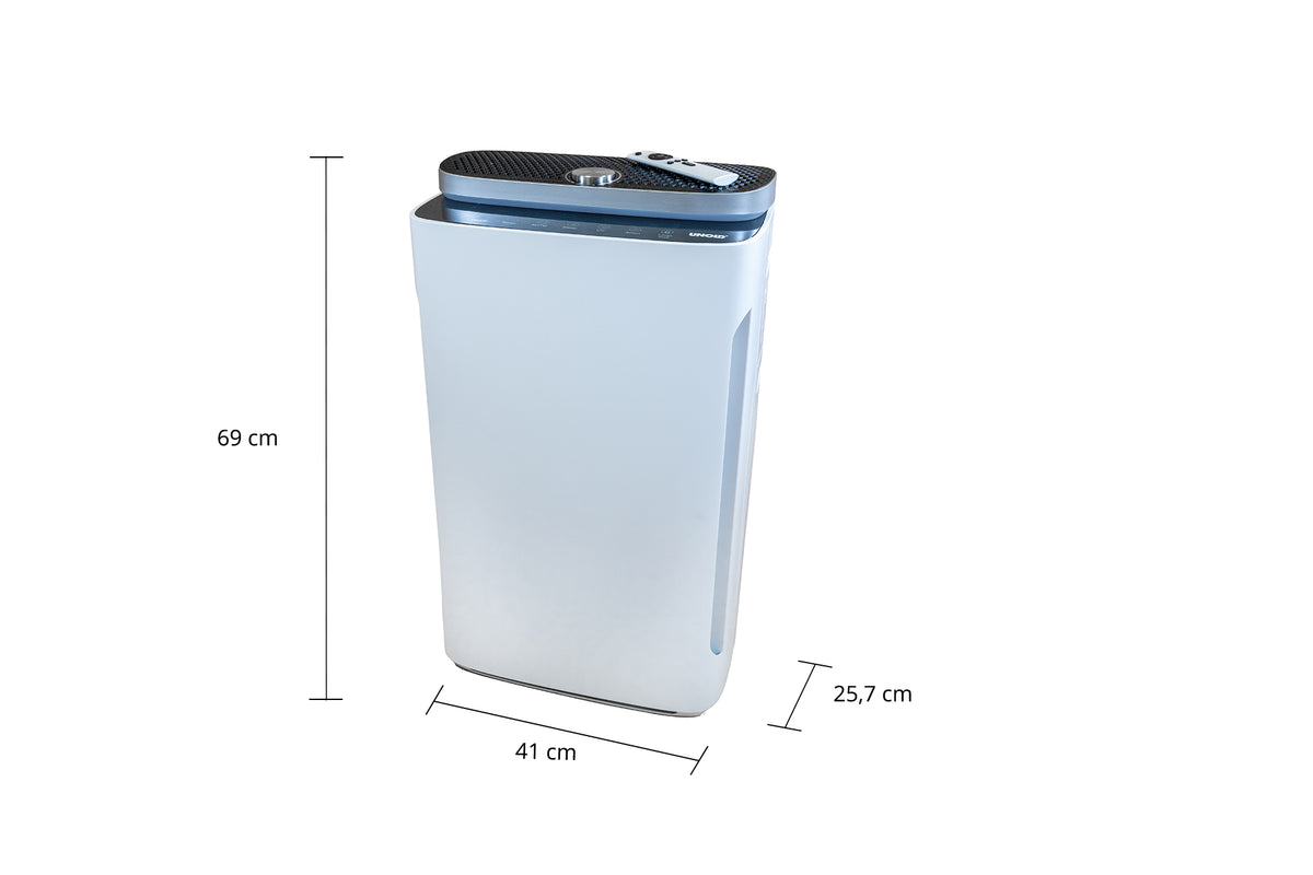 Der Unold Luftreiniger + Luftbefeuchter OMEGA ist ein rechteckiger weißer Luftreiniger mit schwarzer Oberseite, 69 cm hoch, 41 cm breit und 25,7 cm tief, auf einem schlichten weißen Hintergrund.