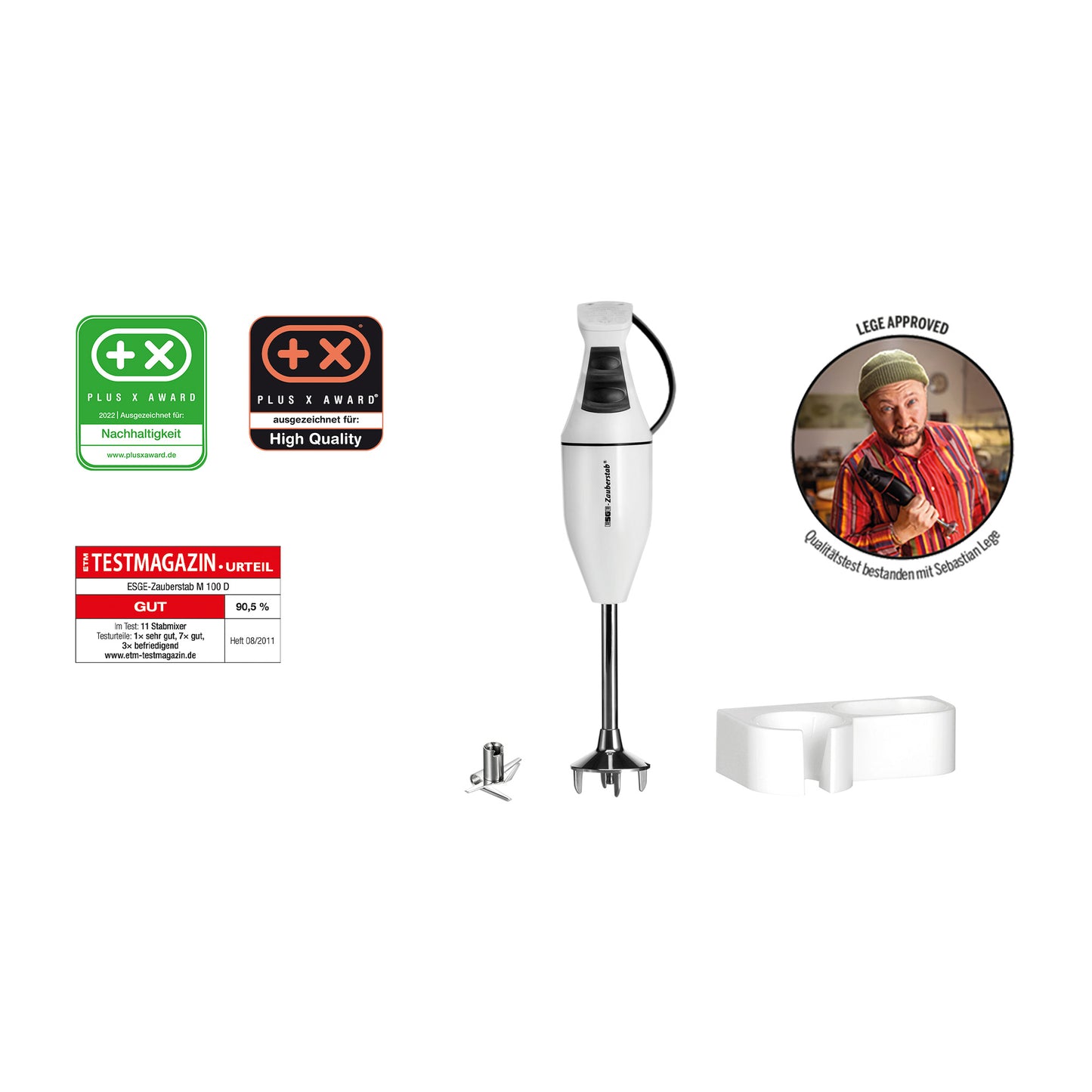 Der Unold ESGE-Zauberstab® M 100 Design Weiß Stabmixer mit Aufsätzen ist abgebildet, umgeben von Qualitäts- und Sicherheitsauszeichnungen, einem Koch, der den Daumen nach oben streckt, und Texten, die "egg approved" und Qualitätssicherung hervorheben.