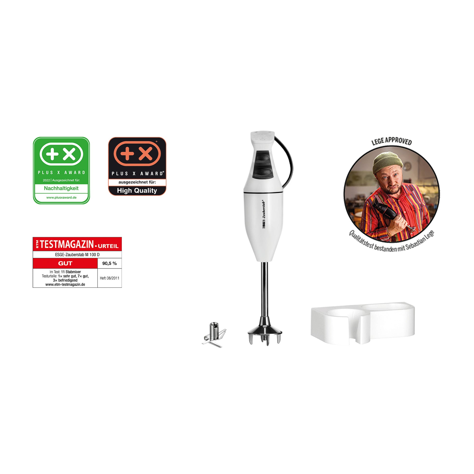 Der Unold ESGE-Zauberstab® M 100 Design Weiß Stabmixer mit Aufsätzen ist abgebildet, umgeben von Qualitäts- und Sicherheitsauszeichnungen, einem Koch, der den Daumen nach oben streckt, und Texten, die "egg approved" und Qualitätssicherung hervorheben.