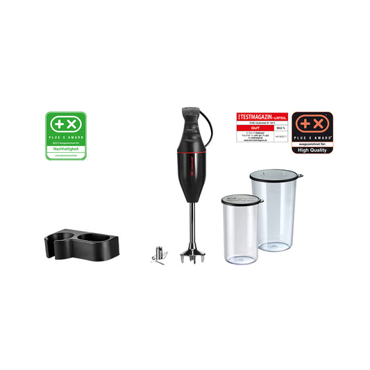Der schwarze Stabmixer ESGE Zauberstab 901295 M 100 mit Aufsätzen, zwei Mixbehältern mit durchsichtigem Deckel, einer schwarzen Halterung und mehreren Auszeichnungsabzeichen ist auf weißem Hintergrund abgebildet.