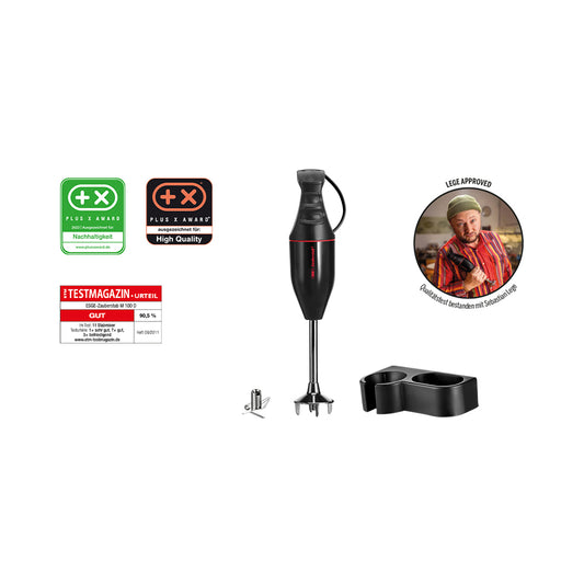 Der ESGE-Zauberstab® M 100 Design Schwarz von Unold ist ein schwarzer Stabmixer mit zwei Aufsätzen und einem Ständer, der neben Preisschildern und einem Foto des Küchenchefs präsentiert wird, um seine professionelle Zulassung und Produktanerkennung hervorzuheben.