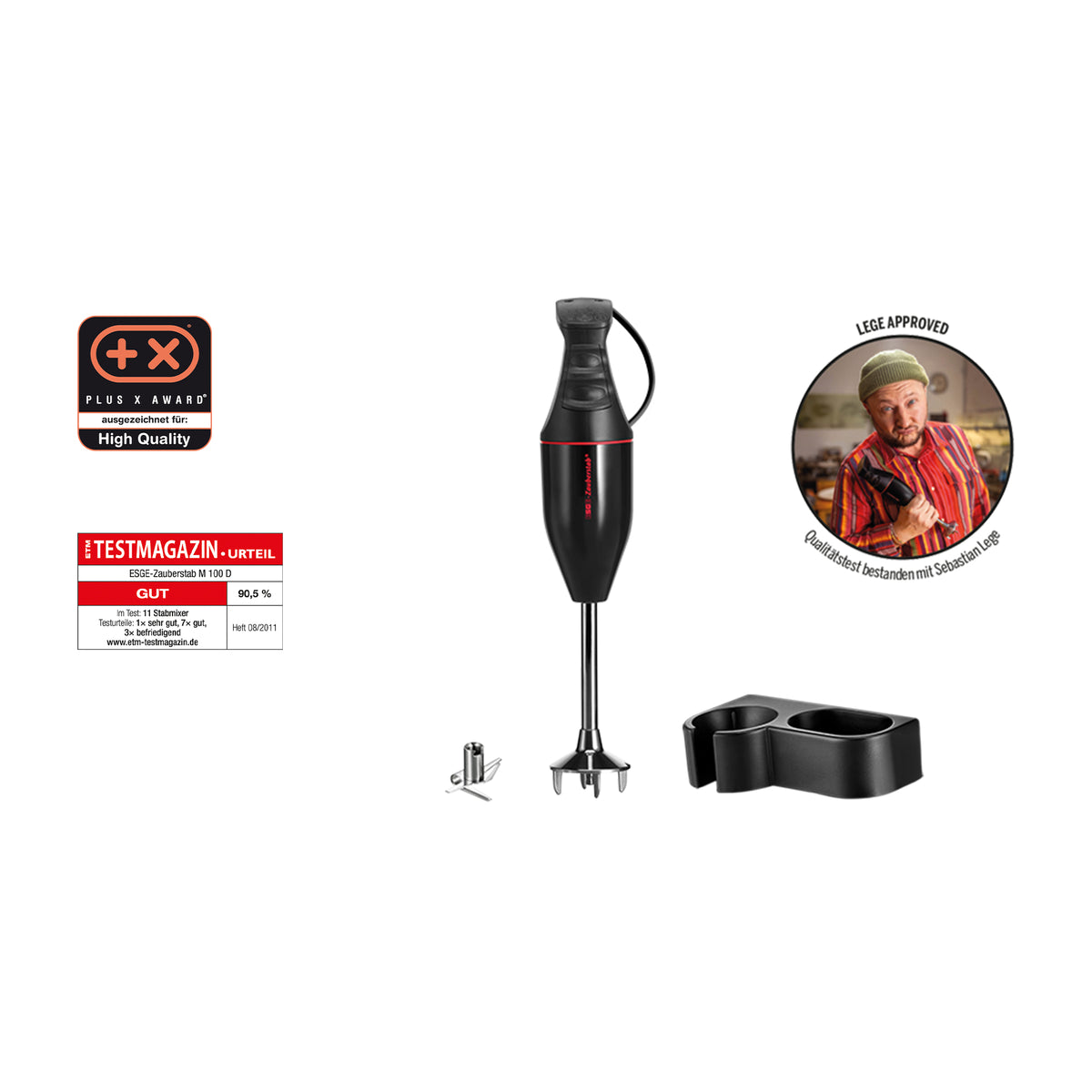 Ein schwarz-roter ESGE-Zauberstab® M 100 Design Schwarz Stabmixer von ESGE-Zauberstab mit Aufsätzen und einer Halterung, links sind Auszeichnungsabzeichen abgebildet, und rechts ein Koch, der in einem Kreis den Daumen hochhält, mit der Aufschrift „Lüttich-zertifiziert“.