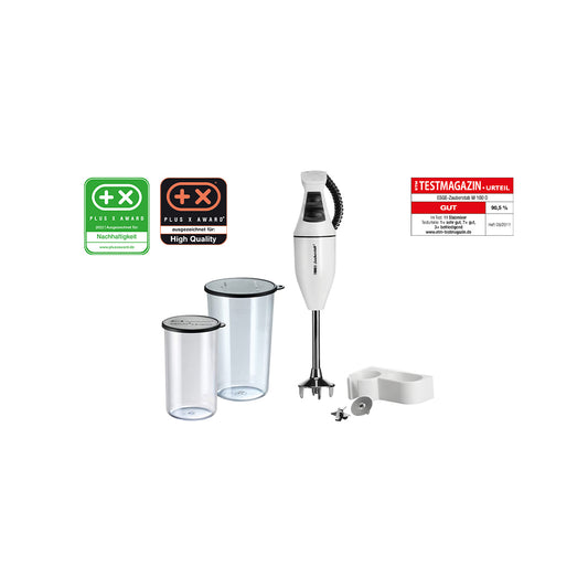 Der ESGE-Zauberstab 902105 Set E120 Select Stabmixer von ESGE Zauberstab ist weiß, beinhaltet zwei durchsichtige Mixbehälter, eine Wandhalterung und verfügt neben einer Top-Bewertung von Testmagazinen über Auszeichnungen für Qualität und Nachhaltigkeit.