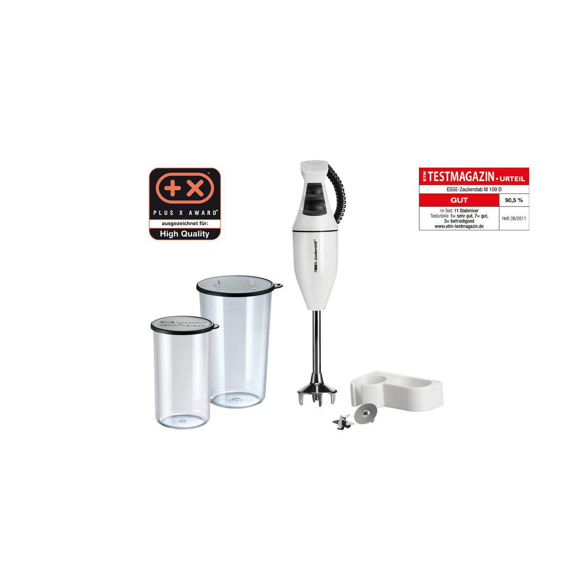 Das ESGE-Zauberstab 902105 Set E 120 Select ist ein weißes Stabmixer-Set von ESGE-Zauberstab, das zwei durchsichtige Behälter, eine Wandhalterung sowie Auszeichnungsetiketten enthält, die auf die hohe Qualität und die hervorragende Bewertung des Produkts hinweisen.