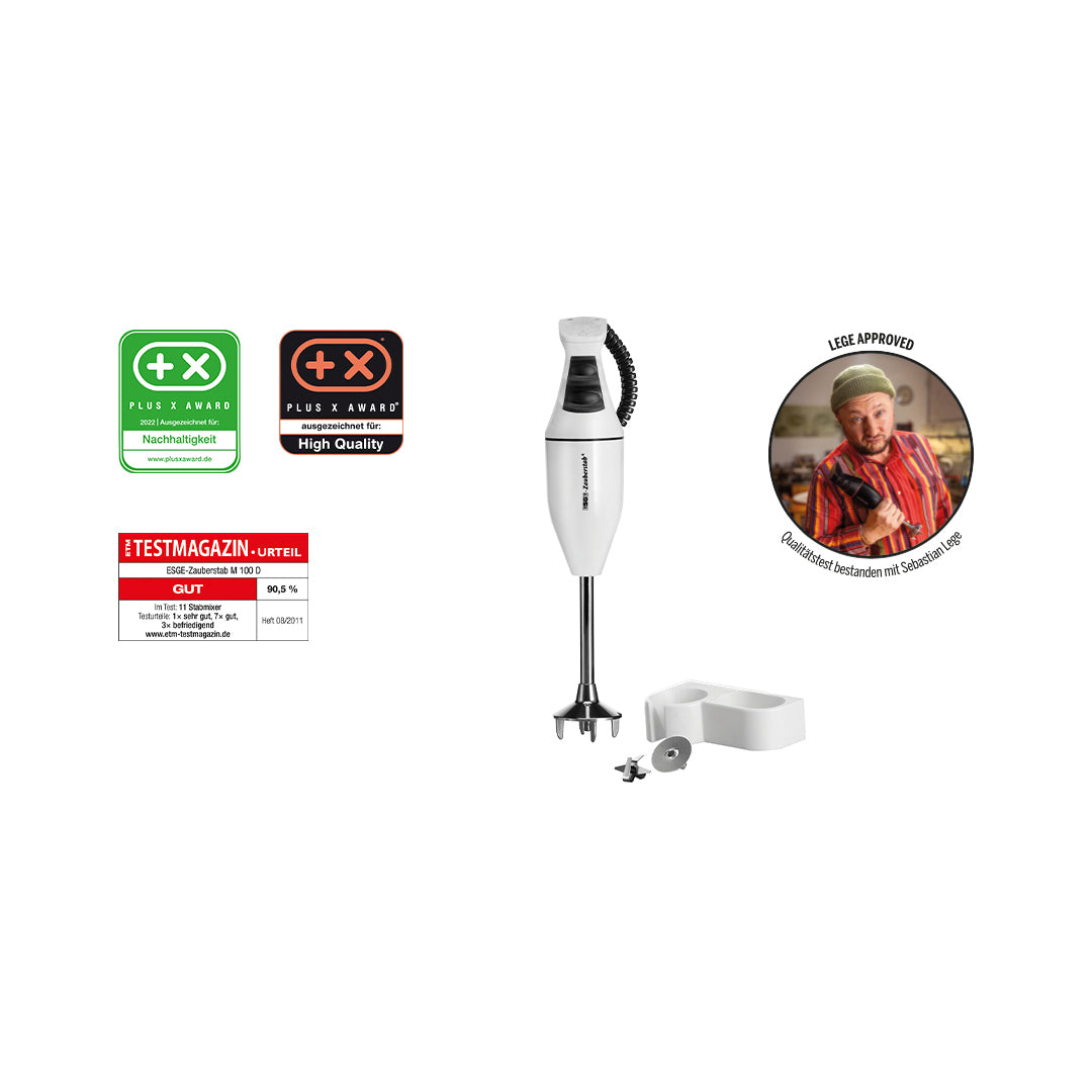 Auf der rechten Seite ist der Unold ESGE-Zauberstab® E 120 Select Weiß mit Zubehör zu sehen. Auf der linken Seite befinden sich Plaketten für Nachhaltigkeit, Qualitätsauszeichnungen, ein Bewertungsetikett einer Zeitschrift und ein Foto des Küchenchefs mit der Aufschrift "Legal Approved".