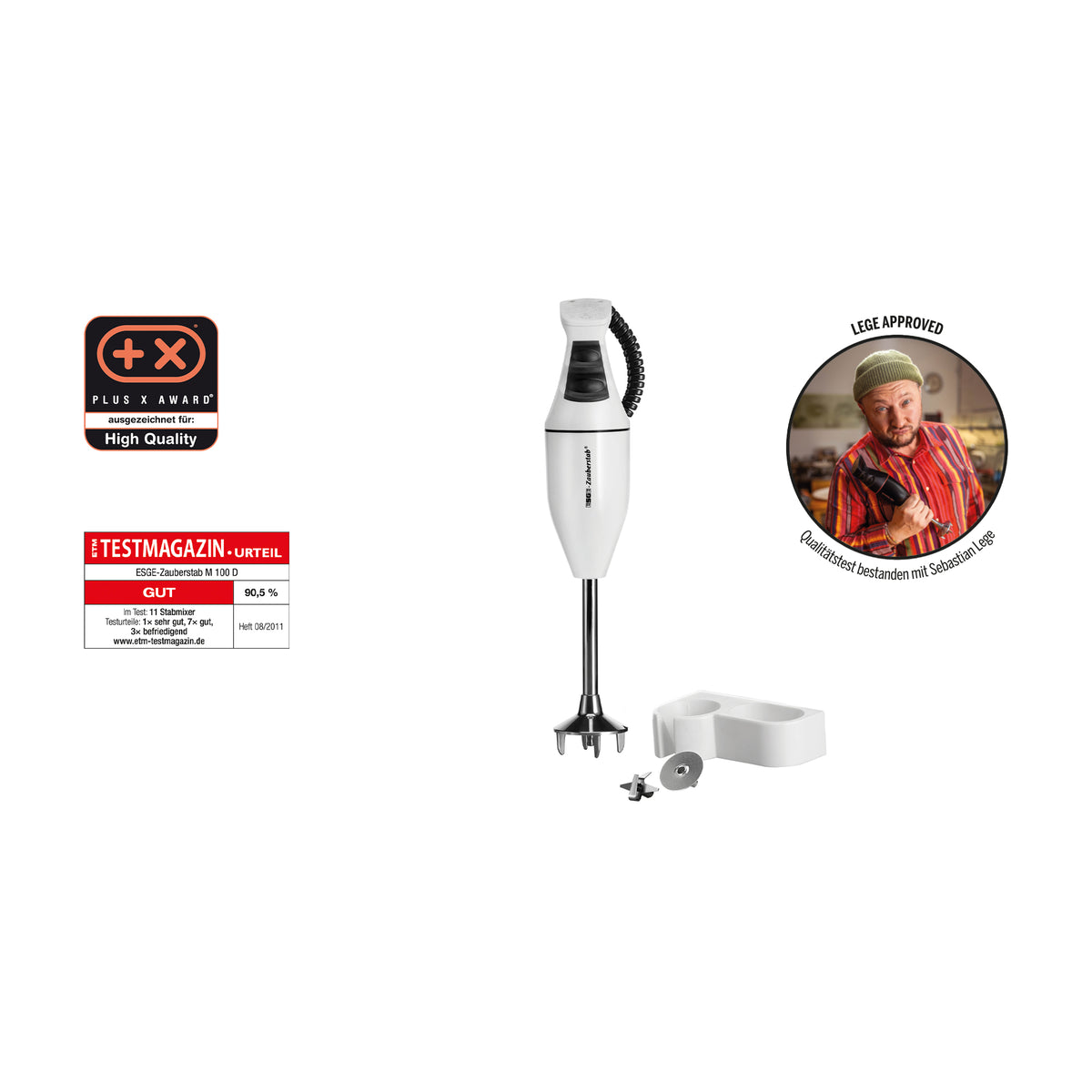 Der Unold ESGE-Zauberstab® E 120 Select Weiß Stabmixer mit Aufsätzen wird zusammen mit Auszeichnungen für hohe Qualität und einem runden Foto eines lächelnden Kochs in roter Kleidung gezeigt, der den Daumen hochhält.