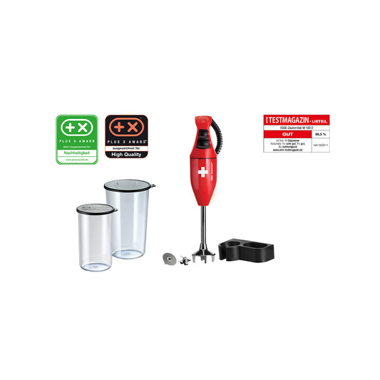 Das ESGE-Zauberstab E120 Select Premium-Set 902125 von ESGE Zauberstab ist auf weißem Grund mit einem roten Schweizerkreuz-Stabmixer, zwei durchsichtigen Bechern, einem schwarzen Standfuß, Klingenaufsatz, zwei Award-Plaketten und einem rot-weißen Prüfzeichen abgebildet.