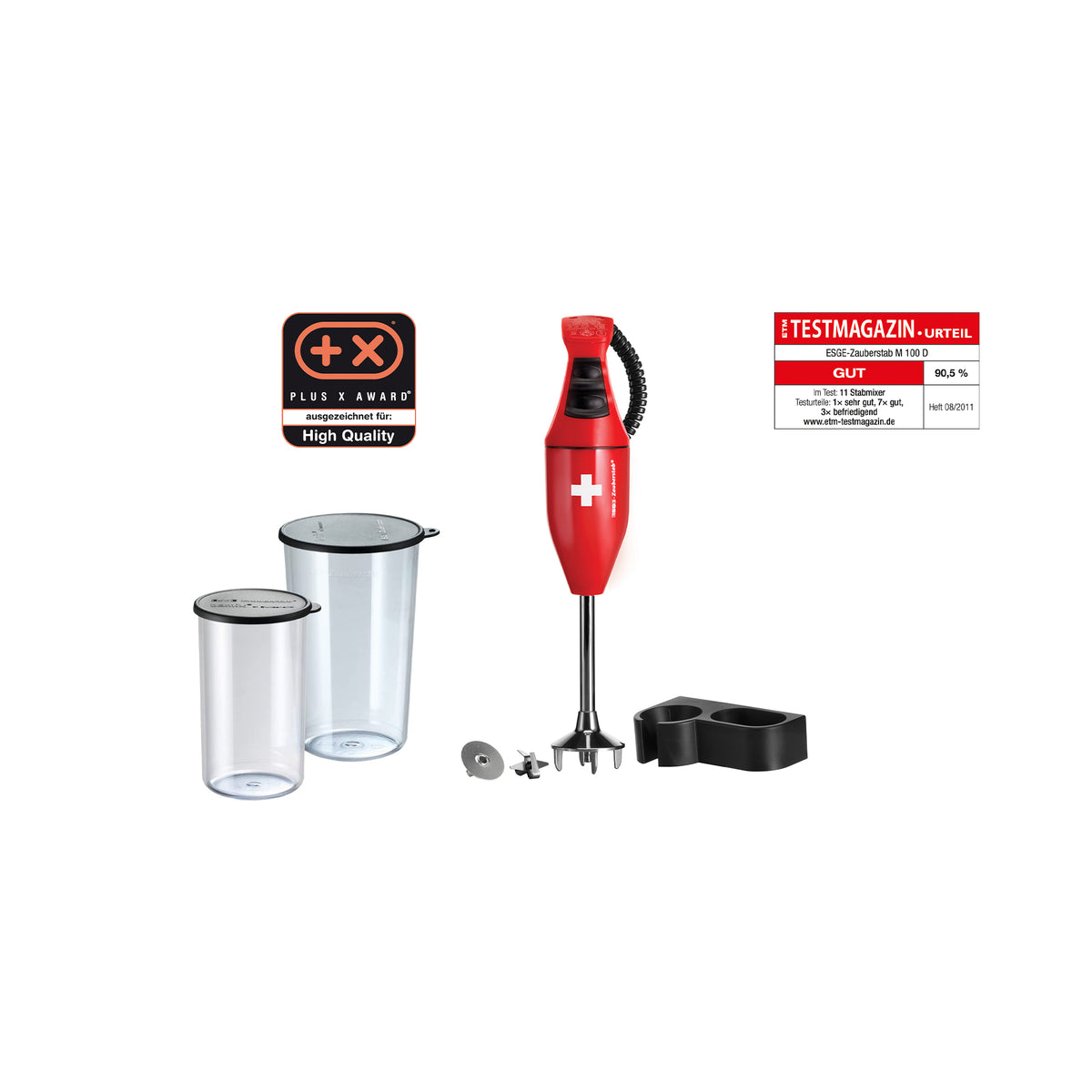 Das ESGE-Zauberstab E 120 Select Premium-Set 902125 von ESGE-Zauberstab ist ein rotes Stabmixer-Set, das zwei durchsichtige Behälter, ein Schneidmesser und einen Doppelhalter enthält und mit zwei Auszeichnungsetiketten versehen ist – eines für „Hohe Qualität“ und ein weiteres, das eine Bewertung von 93,4 % durch eine Testzeitschrift ausweist.