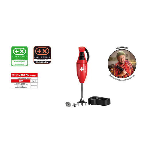 Der Unold ESGE-Zauberstab® E 120 Select Schweiz Rot Stabmixer mit Schweizerkreuz-Logo wird mit Aufsätzen, einem schwarzen Ständer, Qualitätsauszeichnungs-Plaketten, einer Testmagazin-Bewertung und einem Chefkoch-Foto mit Freigabe präsentiert.