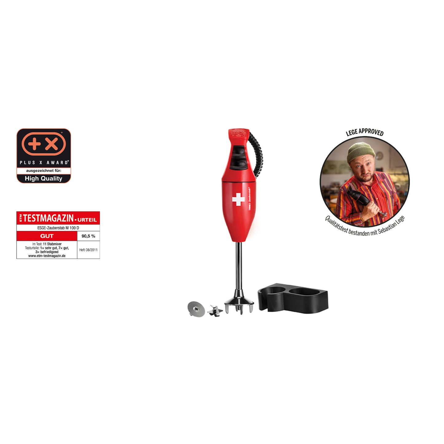 Ein roter Unold ESGE-Zauberstab® E 120 Select Schweiz Stabmixer mit Zubehör und einem schwarzen Ständer, Zertifizierungssiegeln auf der linken Seite und einem Mann in Kochkleidung, der in einem runden Rahmen auf der rechten Seite den Daumen hochhält.