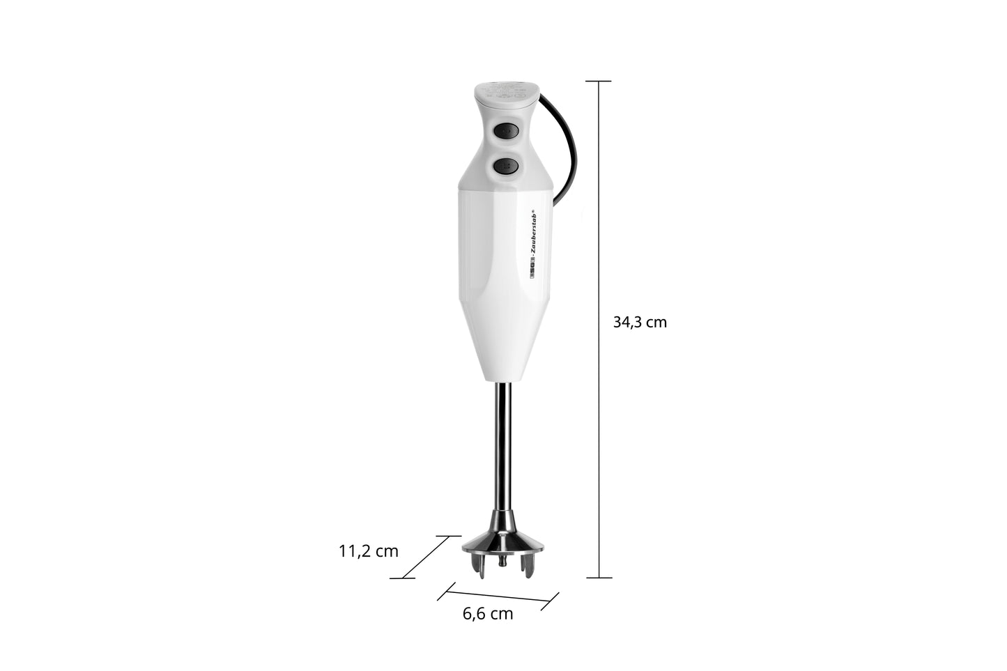 Der ESGE-Zauberstab® M 122 S von ESGE-Zauberstab ist ein weißer Stabmixer mit Power-Knopf und einer Höhe von 34,3 cm; sein Metall-Mixstab misst 11,2 cm und der Bodendurchmesser beträgt 6,6 cm.