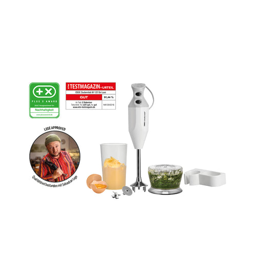 Das Unold ESGE-Zauberstab® M 122 De Luxe Stabmixer-Set mit Aufsätzen, einer Tasse Orangensaft, gehackten Kräutern, Auszeichnungssymbolen und einem Foto des Küchenchefs mit einer Lidl-Plakette auf weißem Hintergrund.
