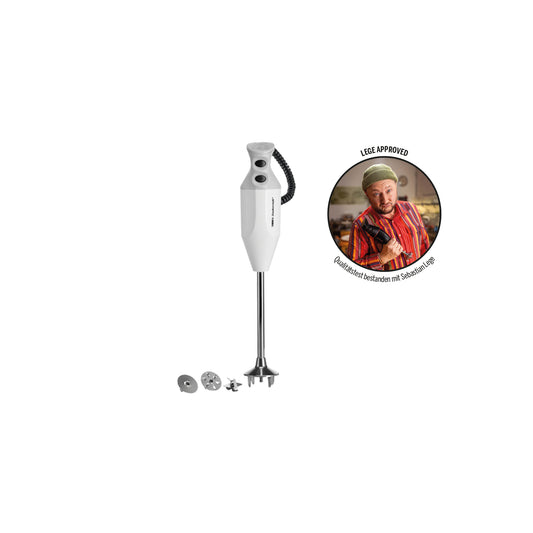 Ein weißer Unold ESGE-Zauberstab® P 200 Profi Stabmixer mit zwei zusätzlichen Aufsätzen. Daneben ist ein rundes Bild eines lächelnden Mannes in einer Küche zu sehen, auf dem die Texte „LIEBE APPROVED“ und „Ruckzuck Leckereien mit Stabmixer“ zu lesen sind.