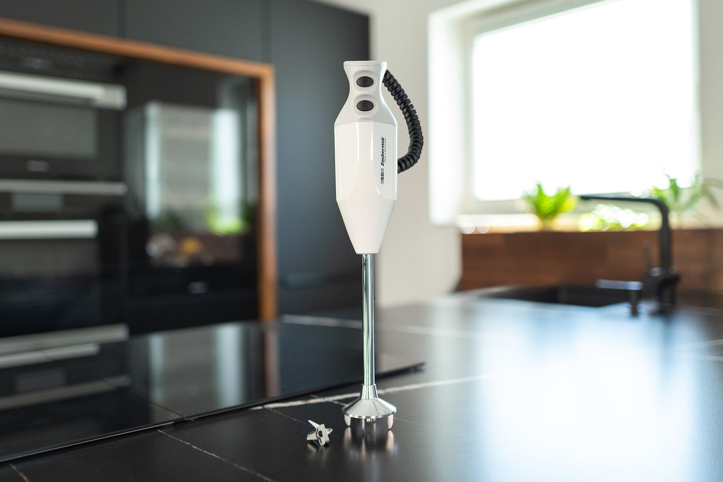 Der Unold ESGE-Zauberstab® P 350 Profi mit Metallschaft steht aufrecht auf einer schwarzen Arbeitsplatte in einer modernen Küche mit schwarzen Schränken, einem Fenster und Topfpflanzen im Hintergrund.