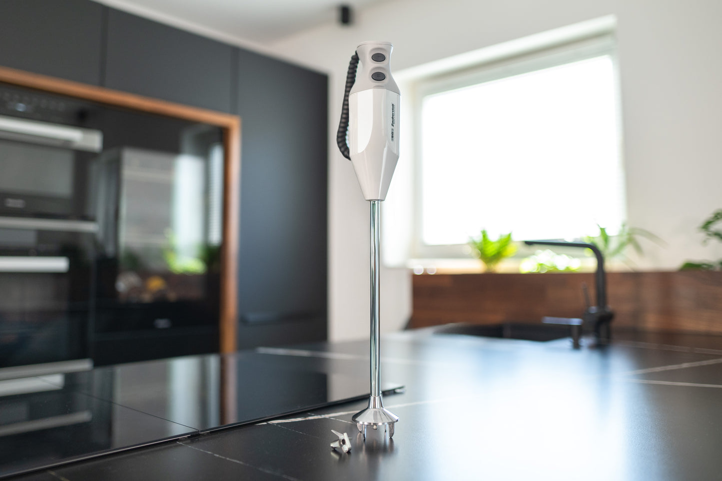 Der Unold ESGE-Zauberstab® G 350 Gastro Max steht aufrecht auf einer schlichten, schwarzen Küchenzeile, durch ein Fenster strömt Licht, im Hintergrund wachsen Grünpflanzen.