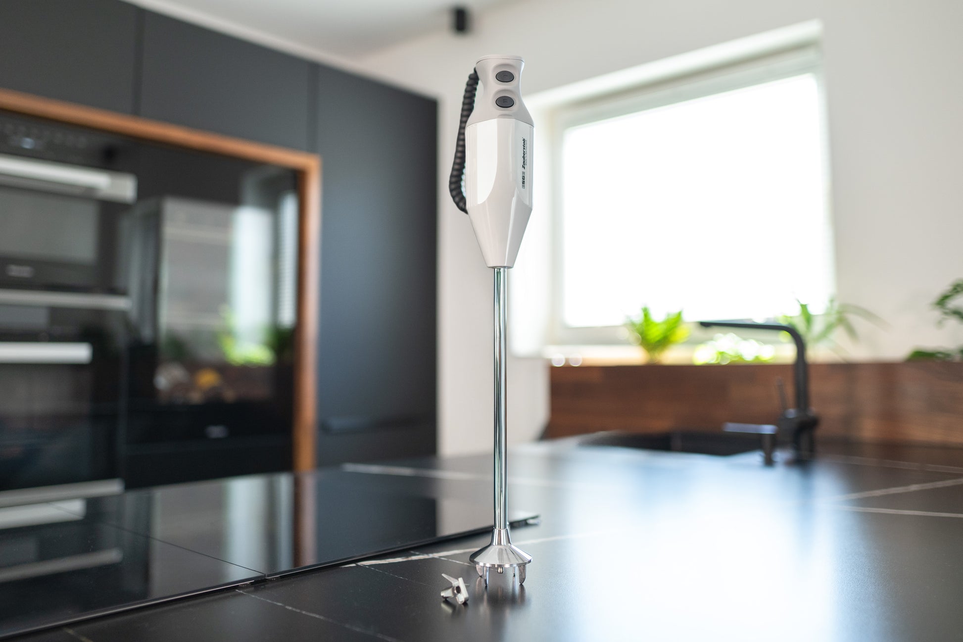 Der Unold ESGE-Zauberstab® G 350 Gastro Max steht aufrecht auf einer schlichten, schwarzen Küchenzeile, durch ein Fenster strömt Licht, im Hintergrund wachsen Grünpflanzen.