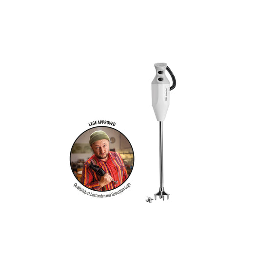 Ein ESGE-Zauberstab® G 350 Gastro Max Stabmixer von Unold in Weiß ist neben einer runden Einblendung abgebildet, auf der der lächelnde Koch Sebastian Lege zu sehen ist, der denselben Mixer in der Hand hält. Der Text um die Einblendung herum lautet: „Von Lege empfohlen und Qualitätstest bestanden mit Sebastian Lege.“.
