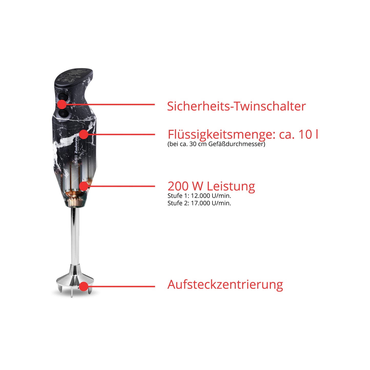 Der ESGE-Zauberstab Design Edition Marmor-Schwarz Stabmixer verfügt über einen Sicherheits-Doppelschalter, ein Fassungsvermögen von ca. 10L (für ~30cm Behälter), 200W Leistung mit zwei Geschwindigkeitsstufen und eine Steckzentrierung.