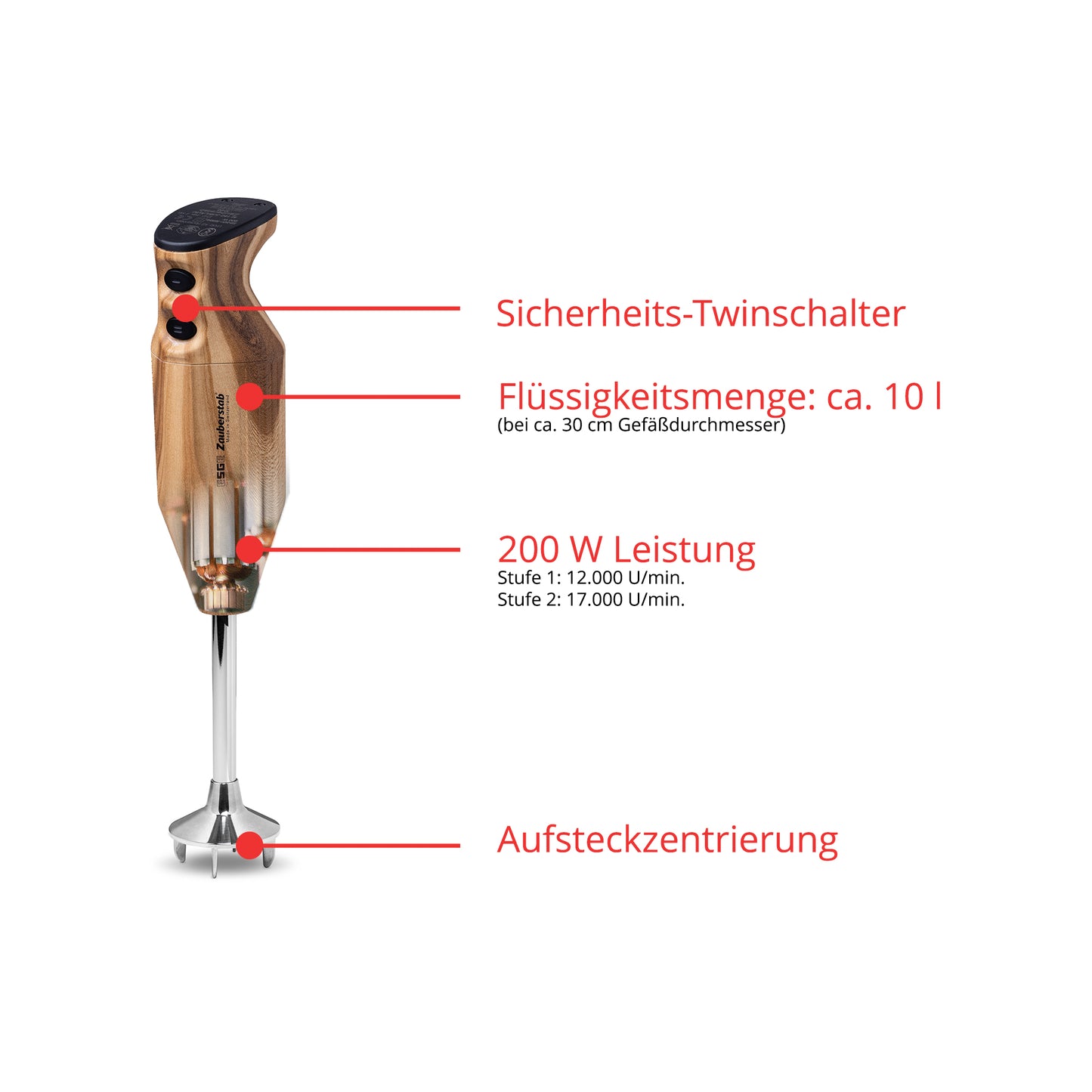 Der ESGE-Zauberstab Design Edition Douglasie Stabmixer von ESGE-Zauberstab verfügt über einen Sicherheits-Doppelschalter, ein Fassungsvermögen von ca. 10 Litern, eine Leistung von 200 Watt (12.000/17.000 Umdrehungen pro Minute), eine Plug-in-Zentrierung, eine Holzoberfläche und einen Metall-Mixerschaft.