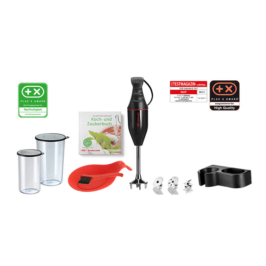Das ESGE Zauberstab M100 Premium-Set 9142600 umfasst einen schwarzen Stabmixer, Mixaufsätze, zwei Becher mit durchsichtigem Deckel, ein Rezeptheft, einen roten Spatel, eine schwarze Wandhalterung sowie Auszeichnungs-/Zertifizierungsabzeichen von ESGE Zauberstab.