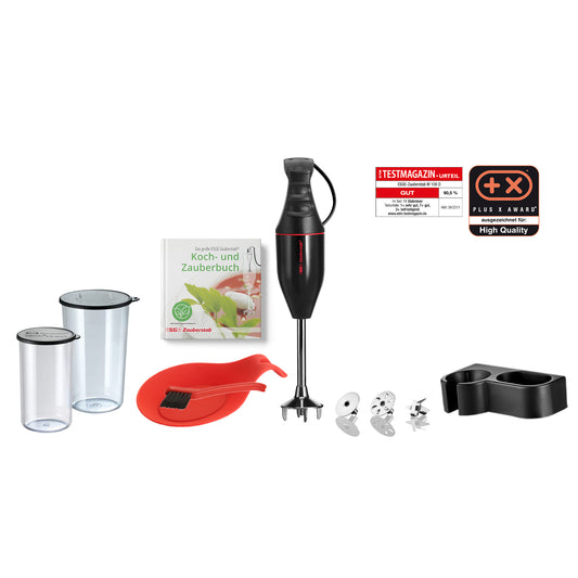 Das ESGE-Zauberstab-Set „ESGE Zauberstab M 100 Premium-Set 9142600“ wird auf weißem Hintergrund präsentiert und umfasst Rührbehälter, ein Kochbuch, einen Spatel, einen Backpinsel, vier Aufsatzklingen, einen Ständer sowie Qualitätszertifikate.