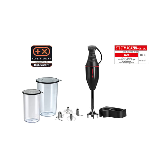 Der ESGE-Zauberstab ESGE Zauberstab E 120 Design Schwarz 915201 ist ein schwarzer Stabmixer, der zusammen mit zwei Mixbehältern, mehreren Metallaufsätzen, einem Aufbewahrungsständer und zwei Auszeichnungsetiketten auf weißem Hintergrund abgebildet ist.
