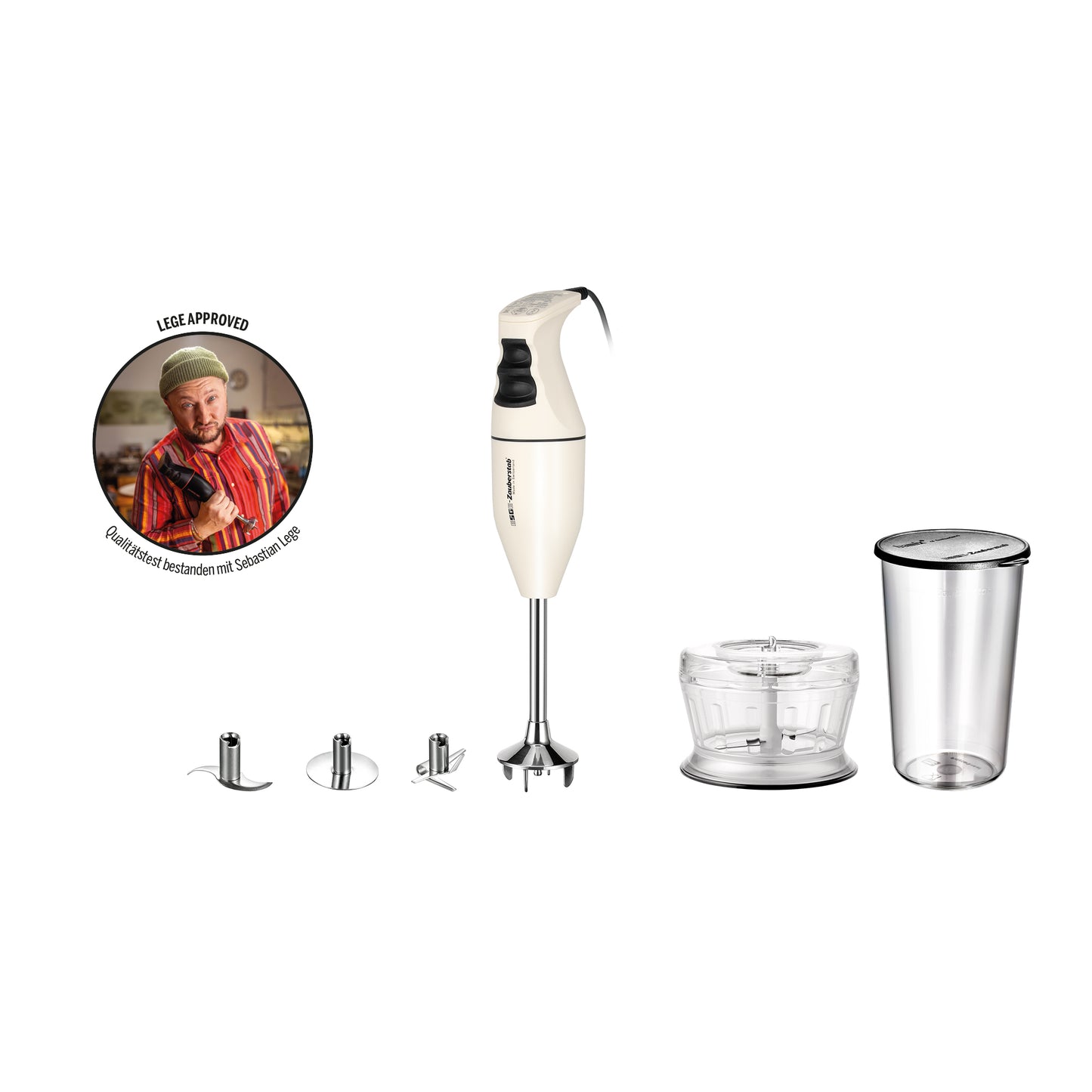 Das Unold ESGE-Zauberstab-Set „Bundle E 120 Select Creme“ enthält verschiedene Aufsätze, eine Zerkleinerungsschüssel und einen hohen Messbecher. Links ist ein rundes Bild eines Kochs in einem roten Hemd zu sehen, der den Daumen hochhält, darüber steht der Text „EGGE APPROVED“.