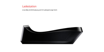 Seitenansicht der kabellosen Ladestation Unold ESGE-Zauberstab® Schwarz 95105, schlicht und schwarz auf weißem Hintergrund, darüber steht „Ladestation“ auf Deutsch und technische Details: 45 W Leistung, 12 V Ladespannung/-strom.