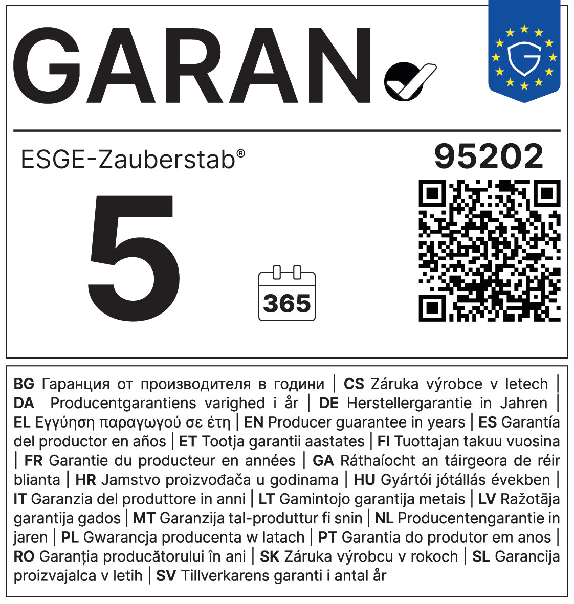 Produktetikett für den „ESGE-Zauberstab Cordless PLUS Rot“ von ESGE-Zauberstab mit einem GARAN-Häkchen, den Zahlen 5 und 365, einem QR-Code, der Artikelnummer 95202, EU-Sternen sowie Garantieinformationen in 18 Sprachen, darunter Englisch, Deutsch und Französisch.