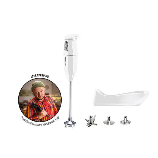 Unold ESGE-Zauberstab® cordless PRO Weiß 95300 Stabmixer, abgebildet mit Aufsätzen und einem Ständer, mit einem eingefügten Bild eines Mannes, der den Daumen hochhält. Ein kreisförmiger Text hebt die Zulassung und die Sicherheitsprüfung des Produkts hervor.