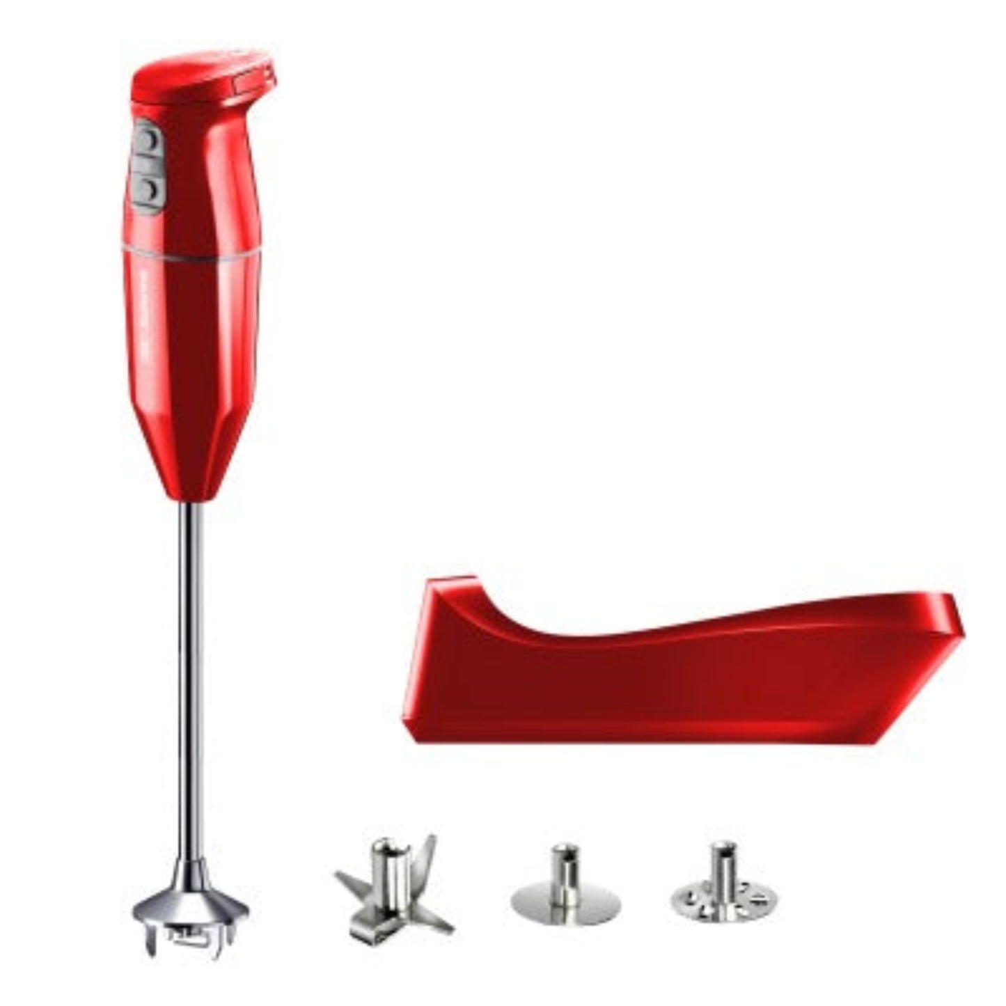 Ein roter Stabmixer mit langem Metallstiel, passendem rotem Ständer und drei davor angeordneten austauschbaren Aufsätzen aus Edelstahl.