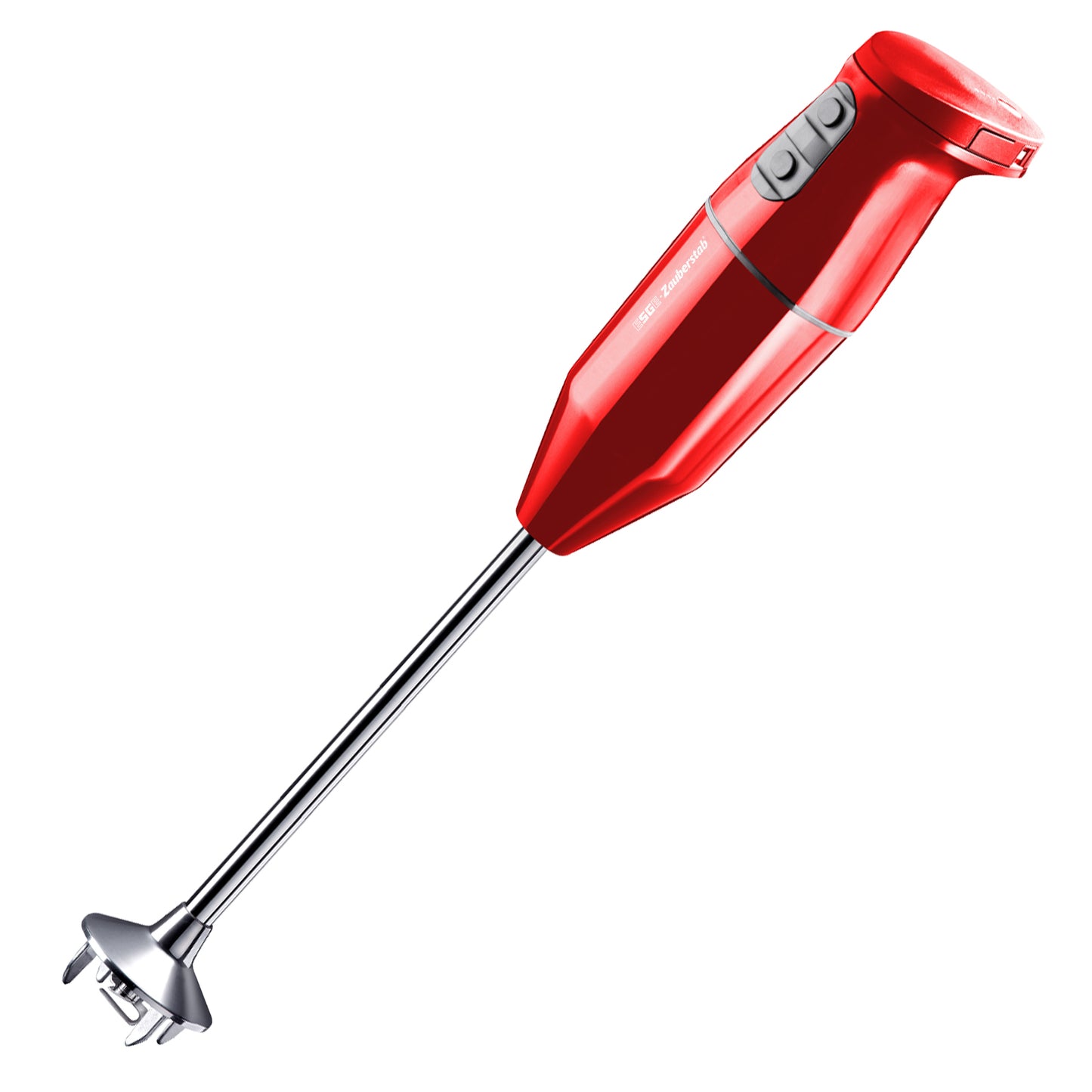 Der kabellose Unold ESGE-Zauberstab® PRO Rot 95302 ist ein roter Stabmixer mit Metallschaft, Klingenaufsatz und zwei schwarzen Tasten am Griff, abgebildet auf weißem Hintergrund.